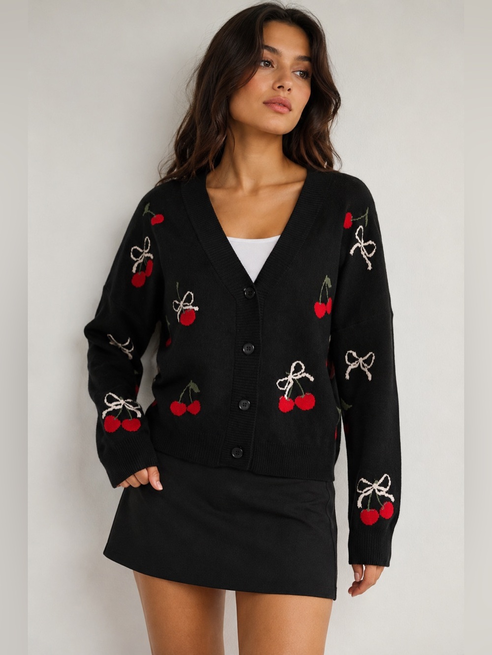 Originality Cherry Bow Cardigan Women’s XL Black Boxy Sweater NWT